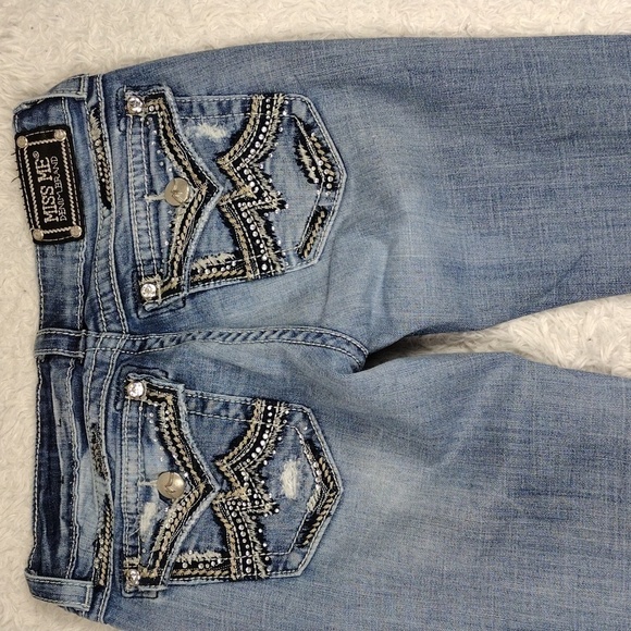 Miss Me Style JE1098BL Blue Light Wash Distressed Mid Rise Boot Cut Denim Jean - Picture 11 of 15